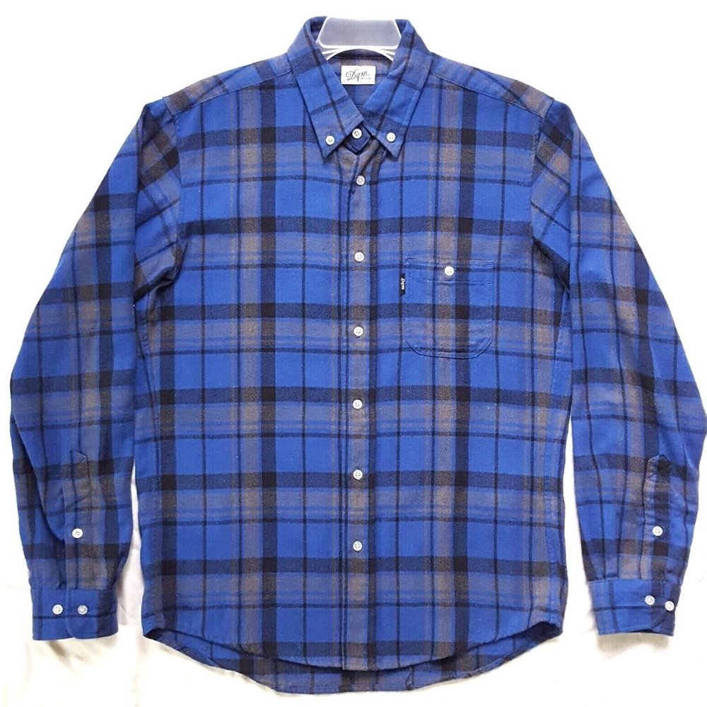 Men's DQM Plaid Flannel Button Up Shirt Blue Gray Size Medium All Cotton